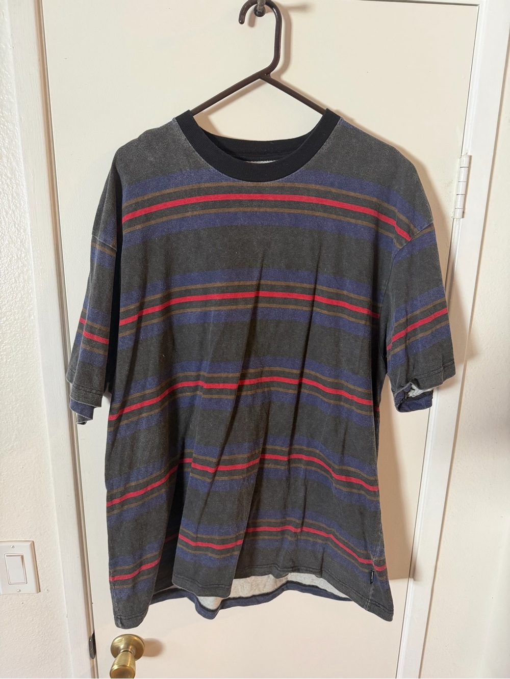 Carhartt WIP Men's Black Crewneck T‑Shirt with Blue and Red Stripes